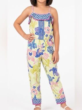 Matilda Jane Girls 8 Floral Jumpsuit Strappy Ruffle Pom Pom Pocket Cuffed Mint⁠